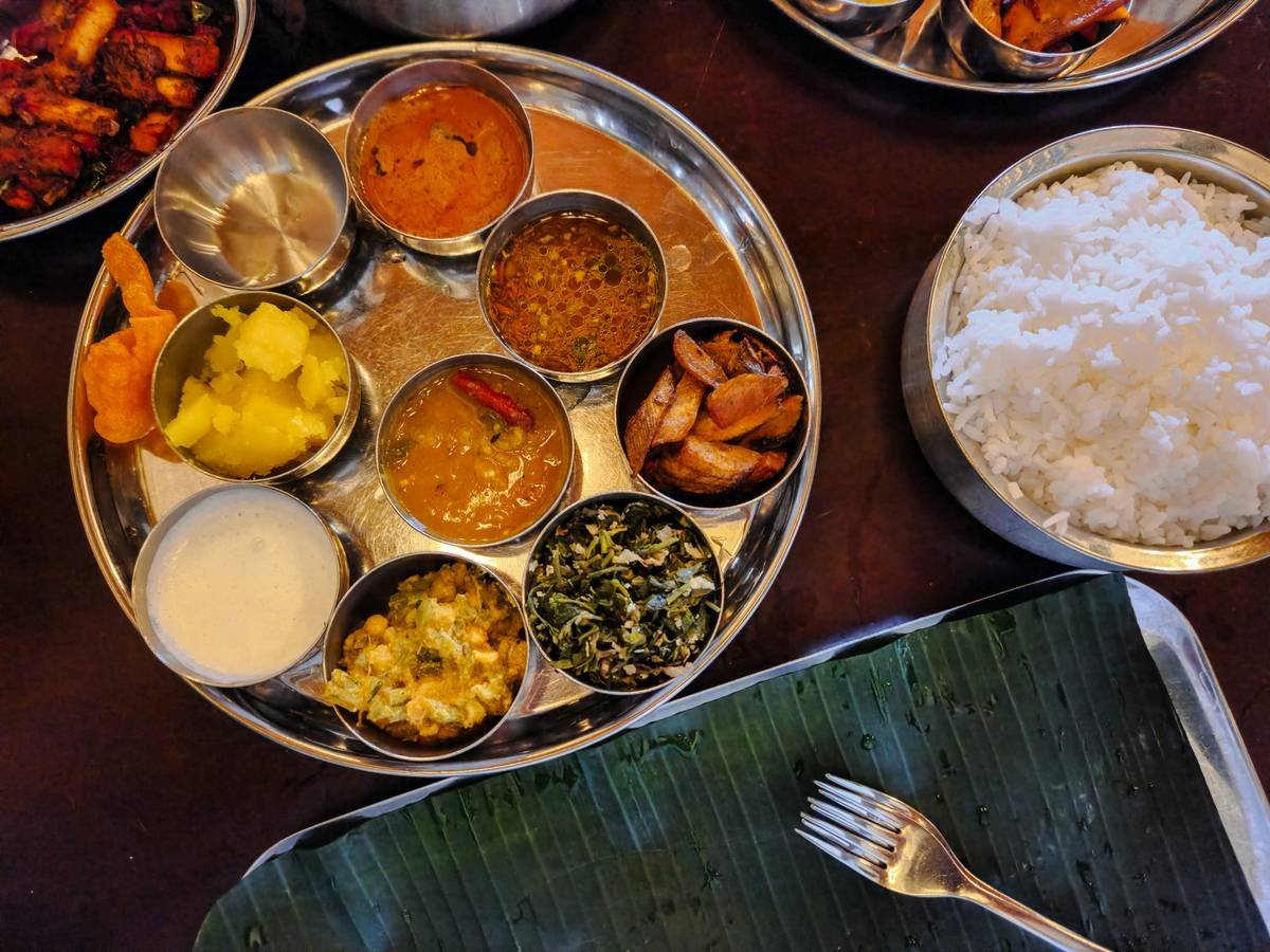 Assorted famous regional foods in india including dosa, rajma chawal, and dhokla on traditional plates